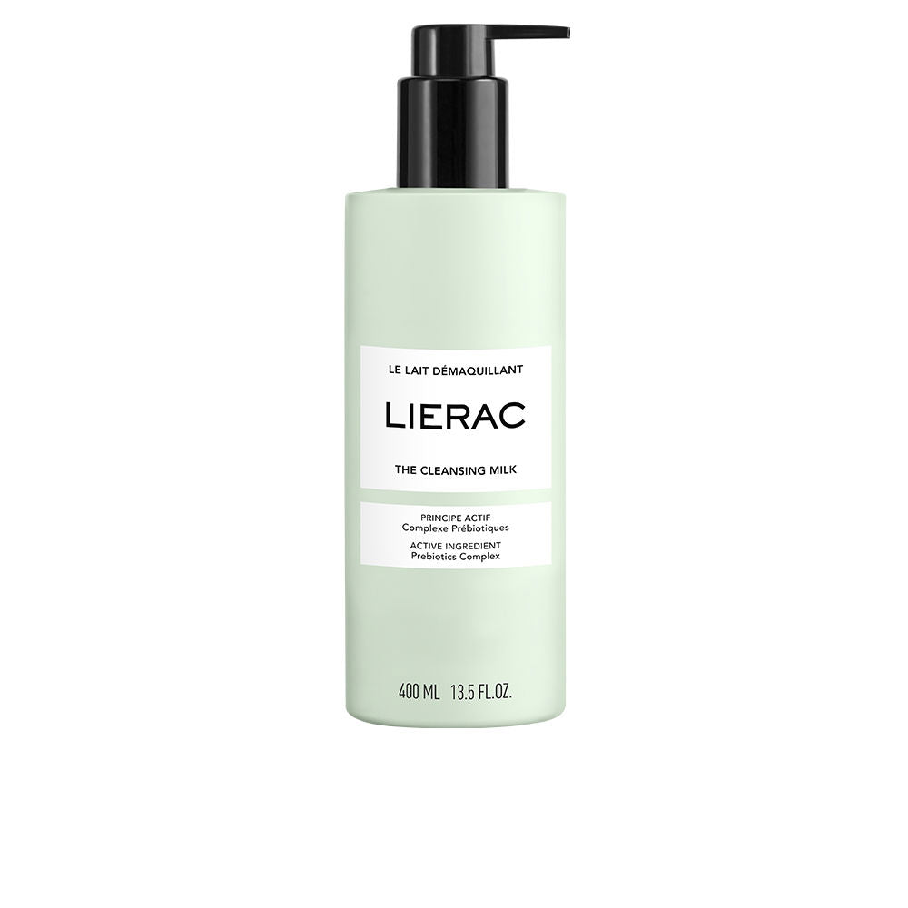Lierac Light green plastic cleansing milk bottle with black pump and white label, minimalist design