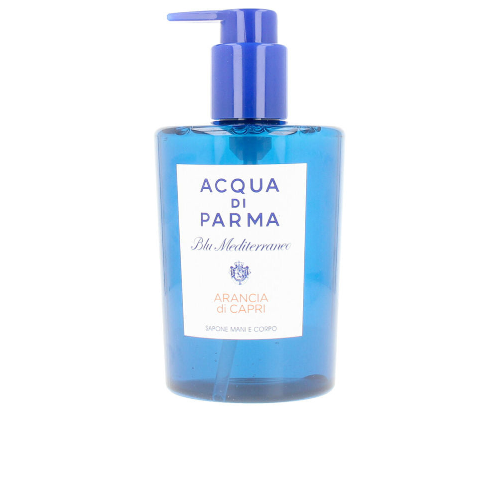 Acqua di Parma Blue transparent plastic pump bottle with white label and blue cap, elegant dispenser