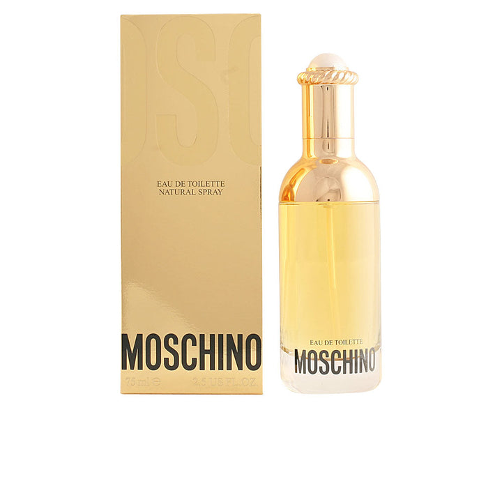 Tall glass Moschino perfume bottle with a decorative golden bow, elegant silhouette.
