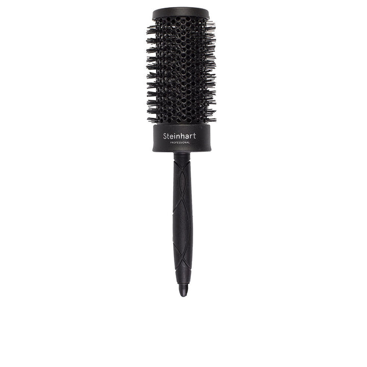 Black round hairbrush with ceramic barrel and nylon bristles, professional styling tool