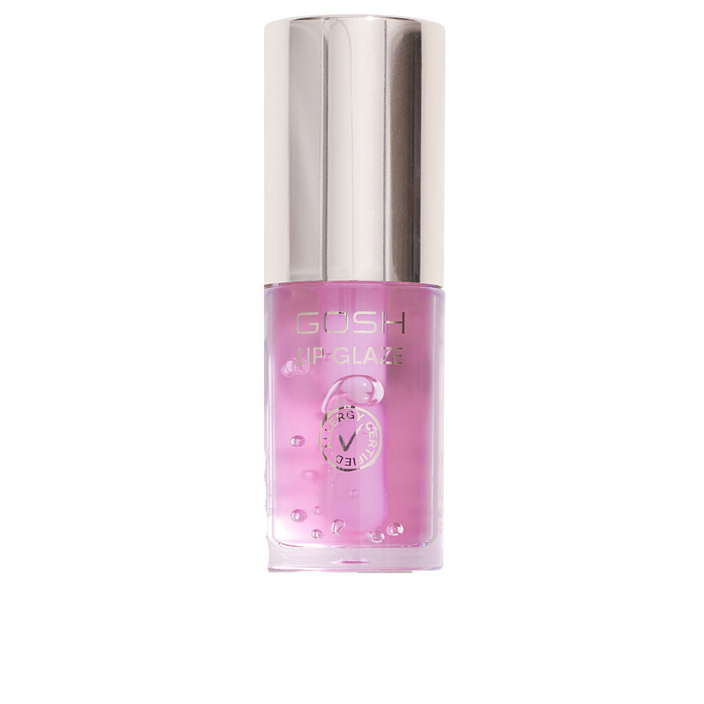 Gosh Sheer pink lip gloss in transparent bottle with silver cap, visible bubbles and printed text on bottle