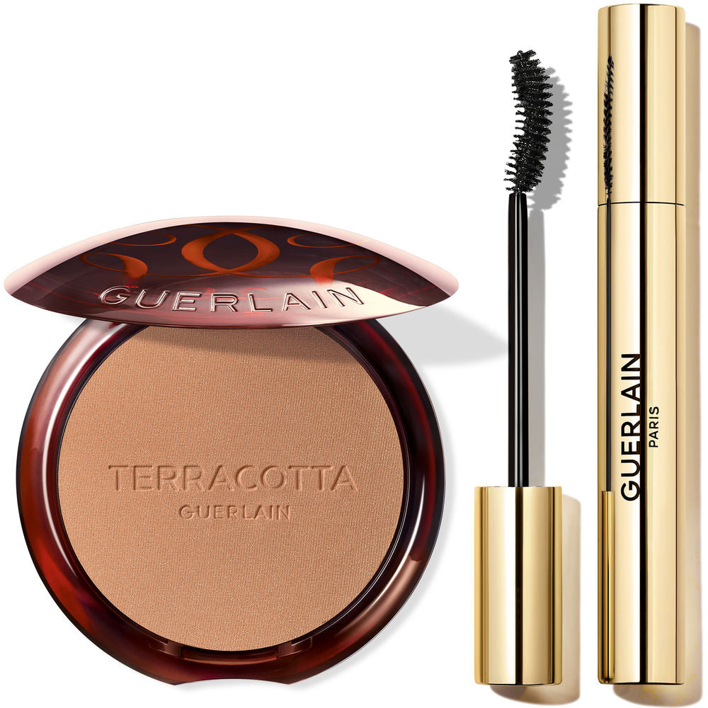 Guerlain Luxurious brown and gold compact and black mascara with embossed powder, reflective metal accents