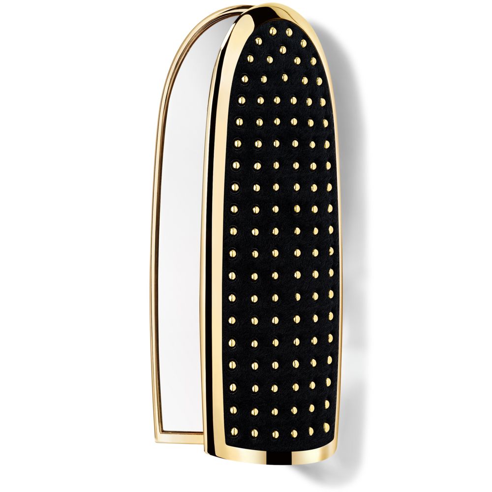 Guerlain Black and gold rectangular compact mirror with rounded top, gold studs, hinged metal case, interior mirror.
