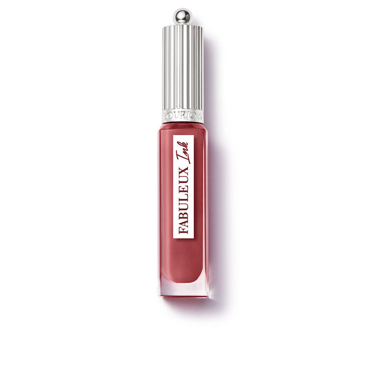 Bourjois Mauve-pink liquid lipstick in rectangular transparent plastic tube with silver ribbed metal cap