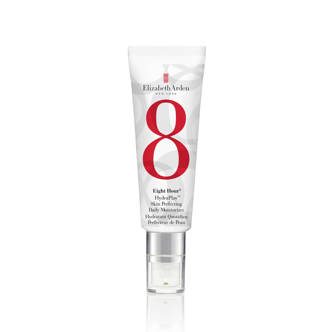 Sleek dispenser bottle of lightweight hydrating facial fluid on neutral background, branded Elizabeth Arden