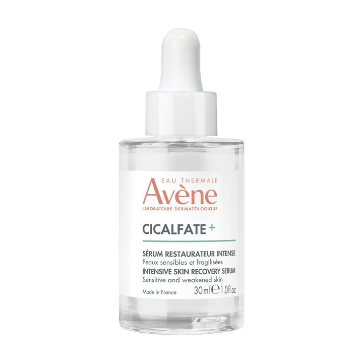 30 ml clear serum bottle with dropper, labelled AHA exfoliating serum for sensitive skin