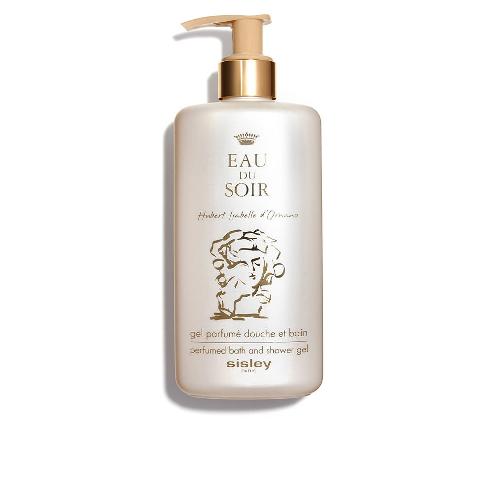 Sisley Pearl white plastic bath and shower gel bottle with pump, gold accents, crown icon, line art face