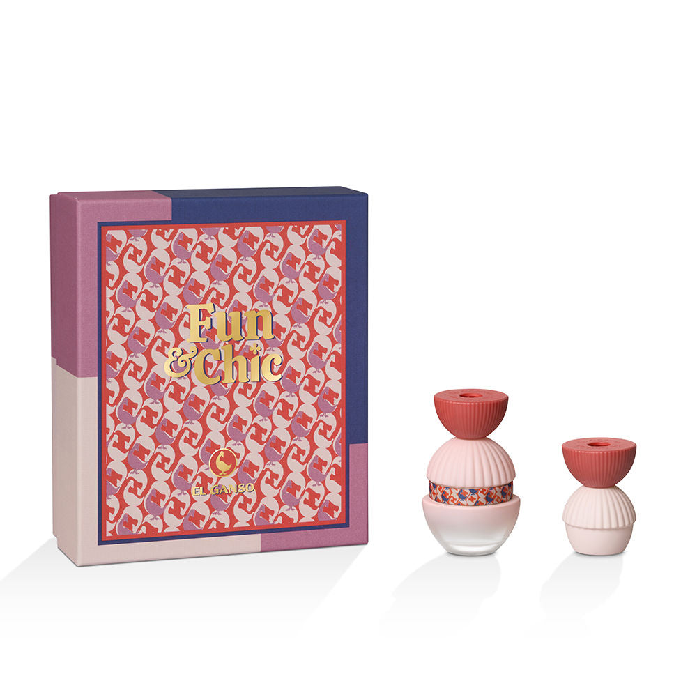 Decorative perfume objects with pink, red, purple, white, blue packaging; patterned box, ribbed stacked shapes, matte and glossy finishes, El Ganso