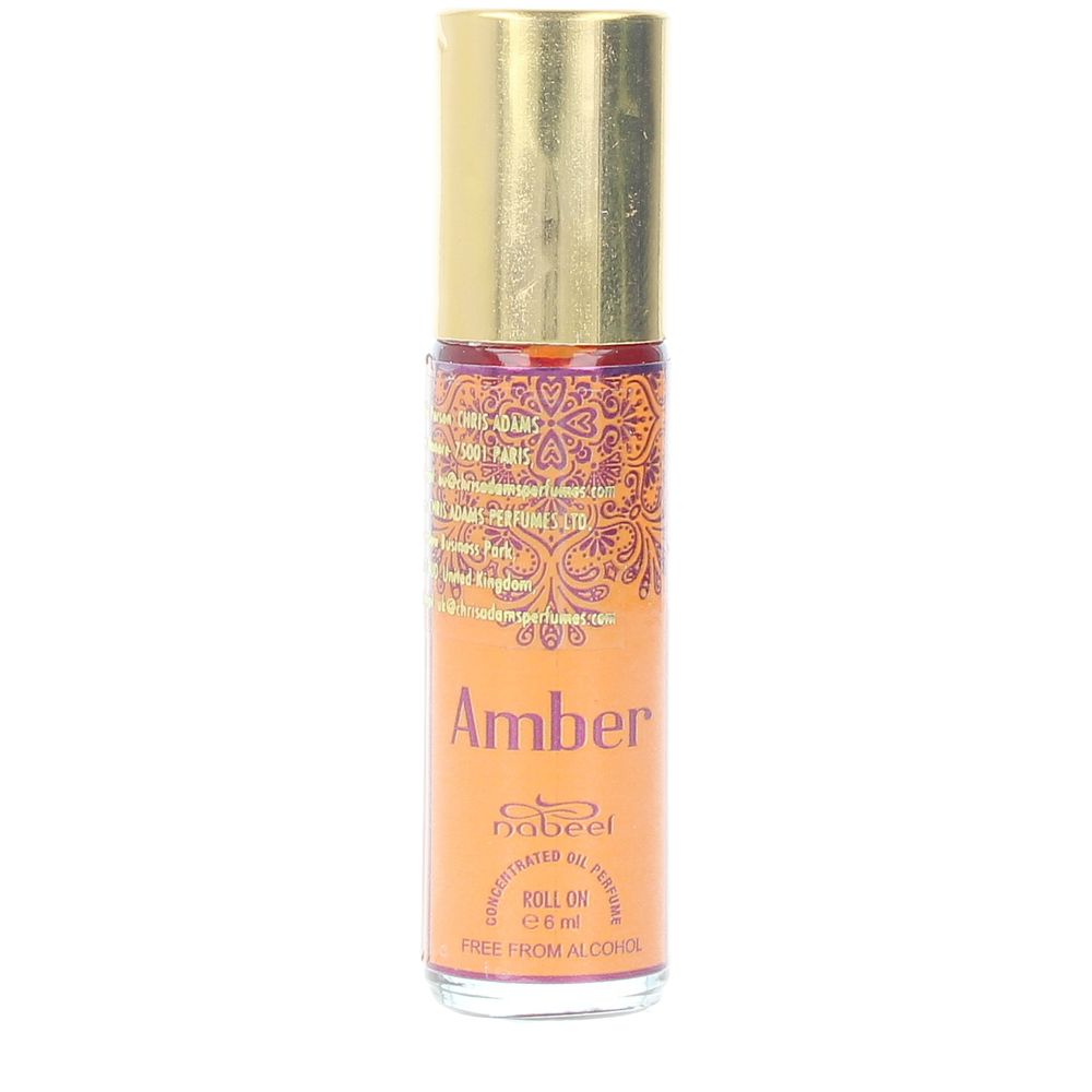 Nabeel Transparent glass roll-on perfume bottle with decorative pattern, gold cap and warm orange tones