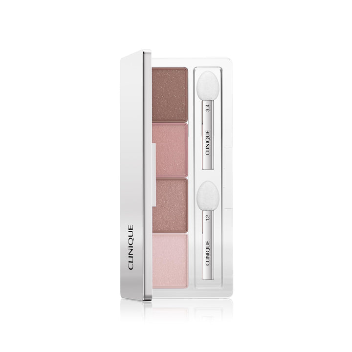 Compact four‑shade pink and brown powder eyeshadow palette with two sponge applicators