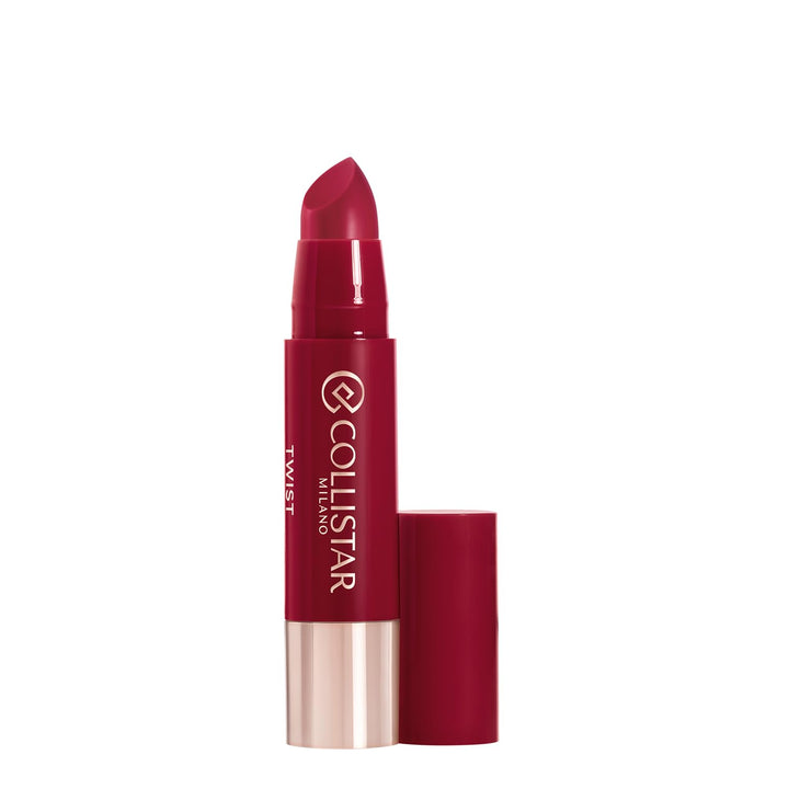 Twist‑up berry‑tone balm‑gloss stick in recyclable tube, glossy finish
