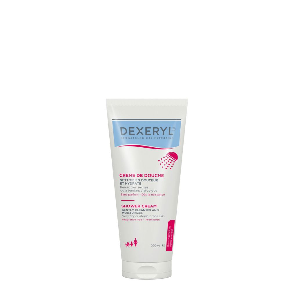 Bottle of Dexeryl Shower Cream for very dry, sensitive skin; fragrance‑free, soap‑free