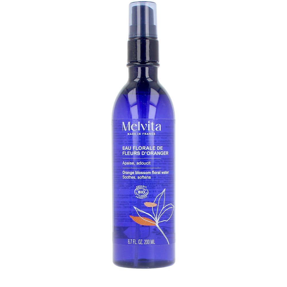 Melvita Blue plastic floral water spray bottle with spray nozzle, minimalist botanical illustration label
