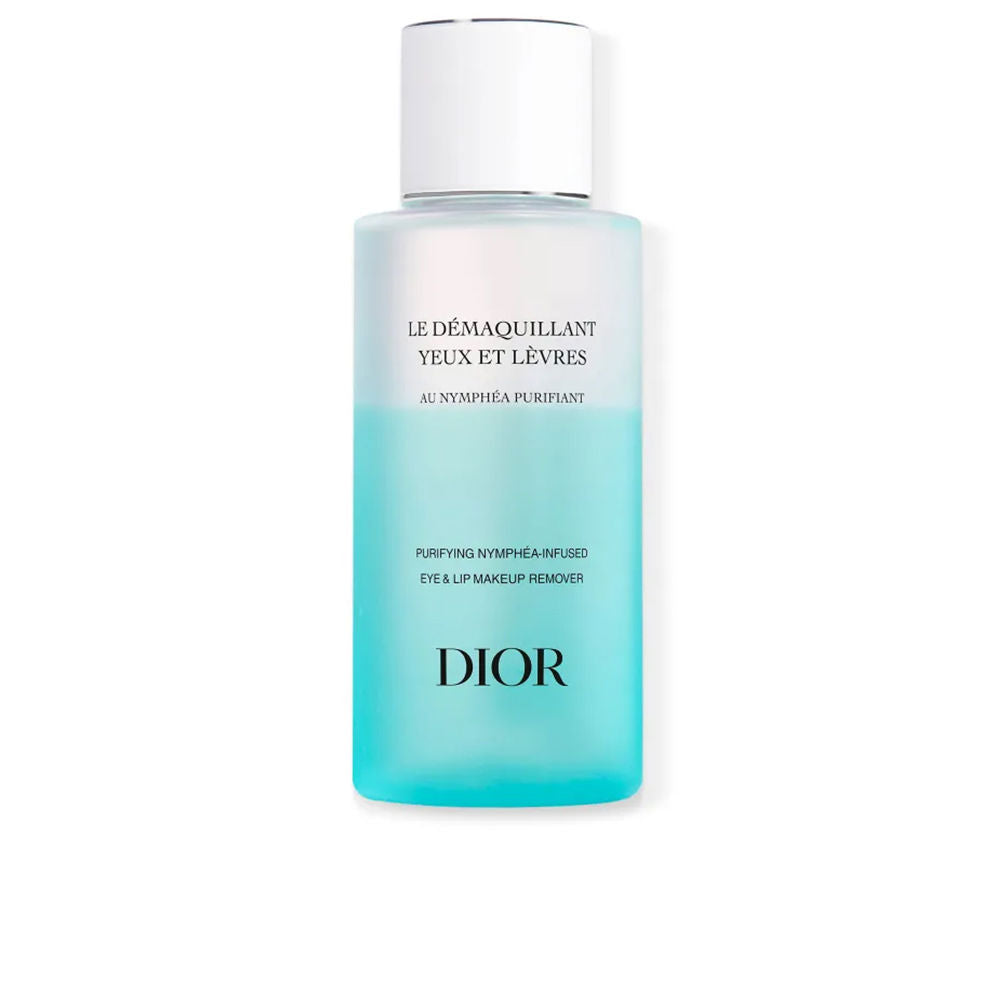 Dior Two-tone white and light blue cylindrical plastic makeup remover bottle with white cap, refined minimalist design