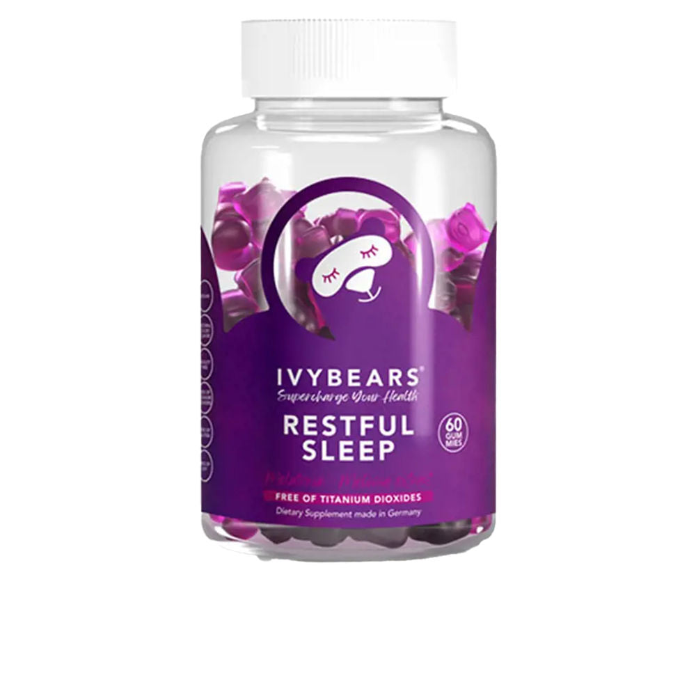 Jar of 60 fruit vegan sleep gummies, labelled Melissa, L‑theanine, melatonin