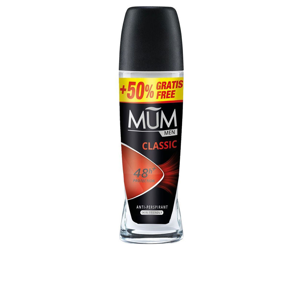 Mum classic roll-on anti-perspirant in black, red, yellow and white plastic with transparent lower bottle