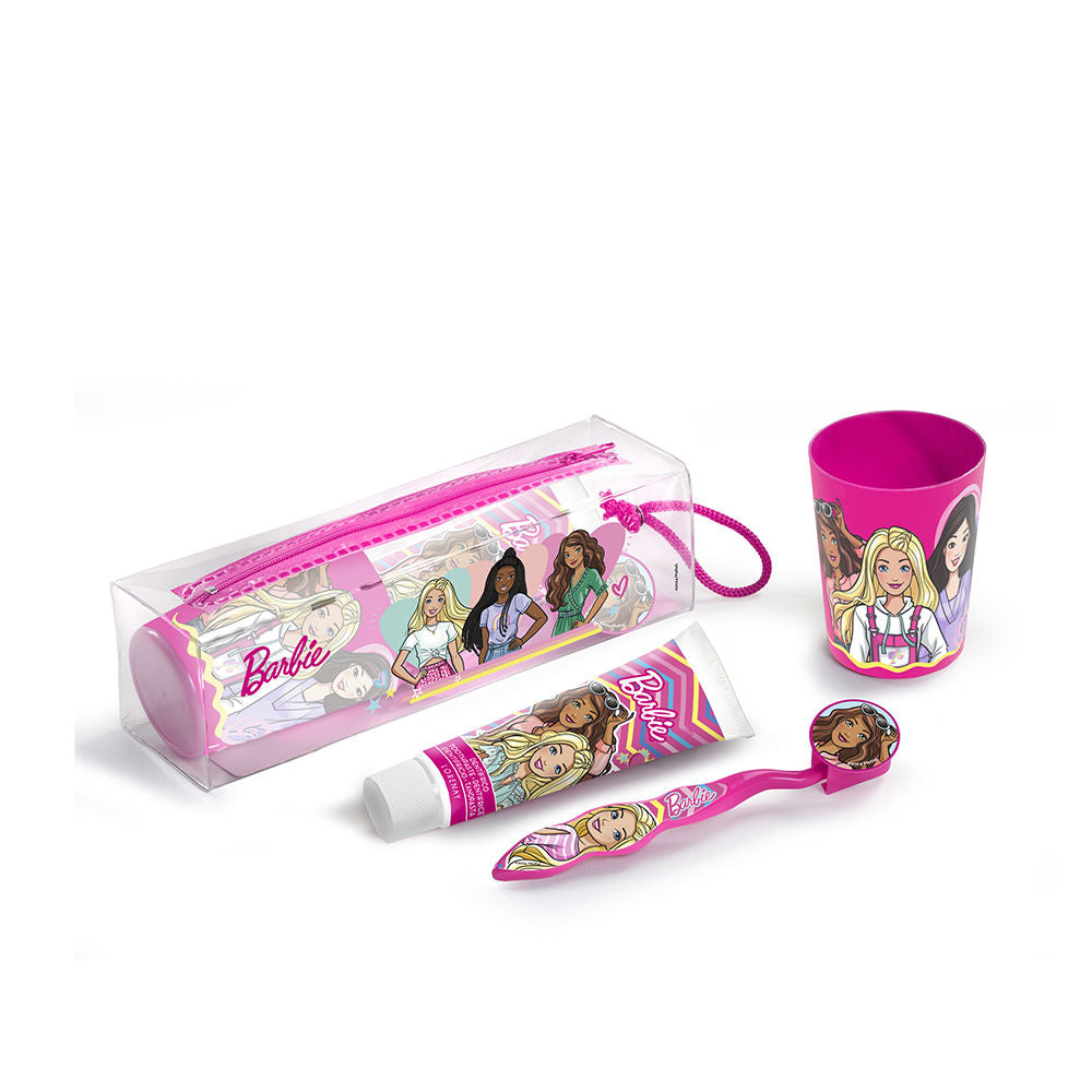 Barbie-themed toddler dental kit with child toothbrush, toothpaste, and easy-grip handle