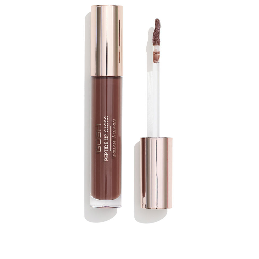 7 ml brown sheer lip gloss in slender tube with wand applicator, glossy finish