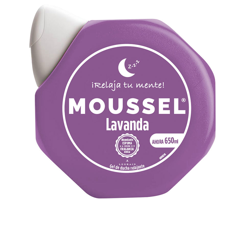 Bottle of Moussel Lavender Calming Body Wash with soft purple labeling