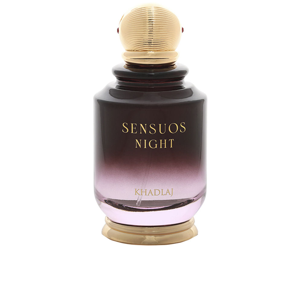Tall glass 100 ml perfume bottle labelled Sensuous Night, dark evening tones