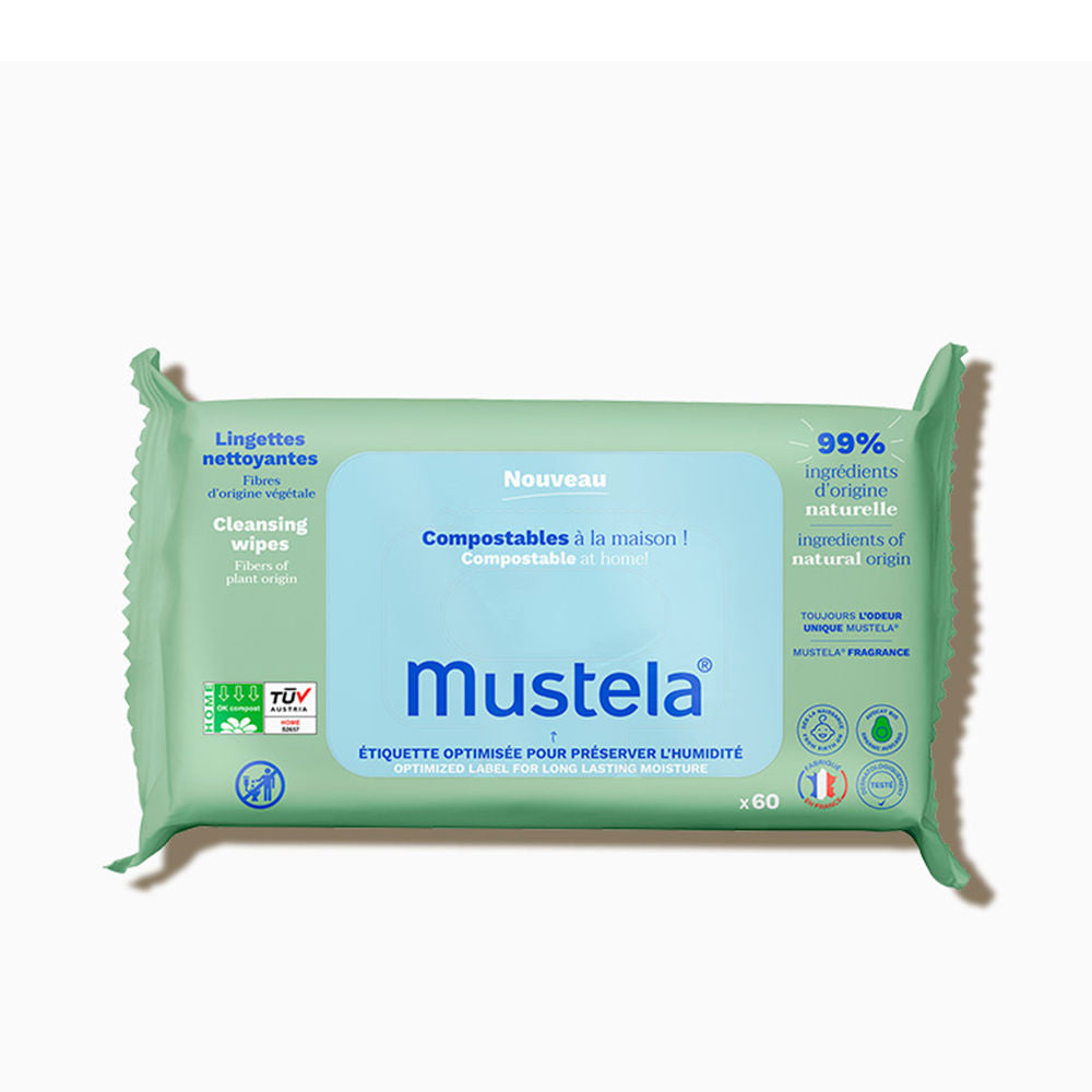 Pack of Mustela compostable cleansing wipes, 60-count, gentle infant formula