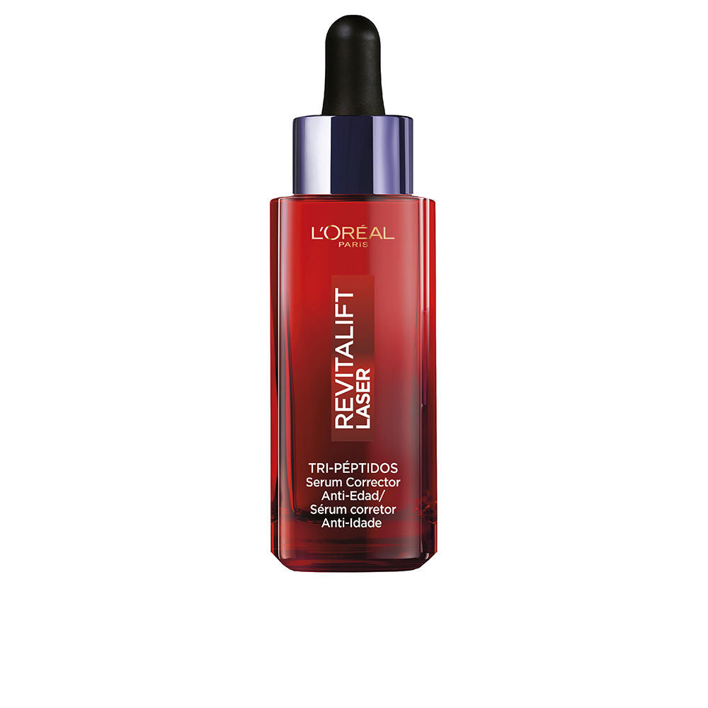 Red rectangular glass serum bottle with dropper cap, transparent gradient glass and printed text, L&