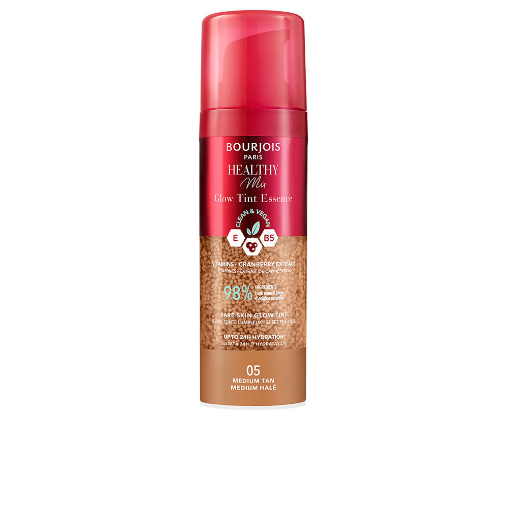 30 ml tinted serum bottle, medium tan shade, pump dispenser, dewy finish
