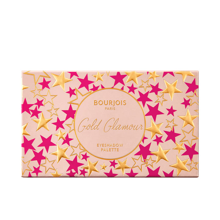 Gold and pink eyeshadow palette with eight shades, embossed star patterns, compact rectangular case, Bourjois