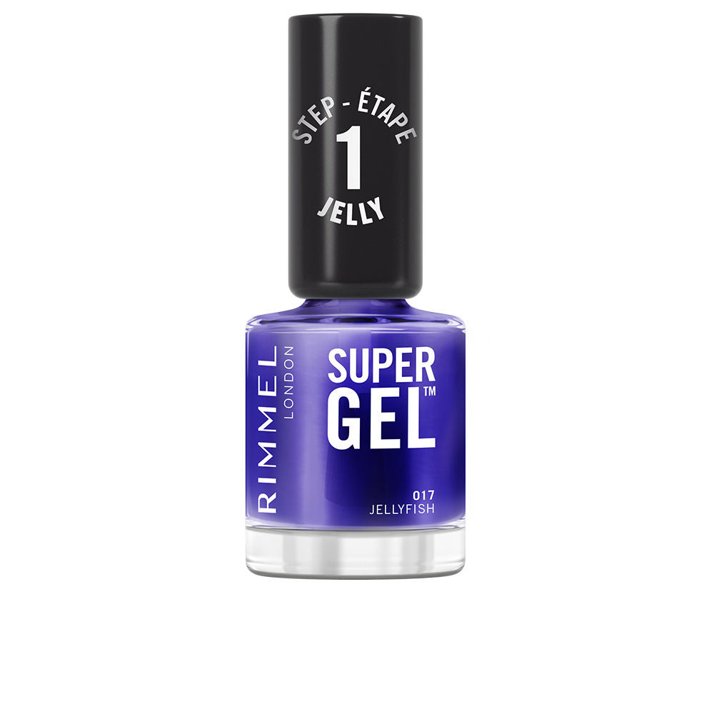 12 ml blue gel‑finish nail polish bottle labelled Jelly Fish, glossy blue swatch