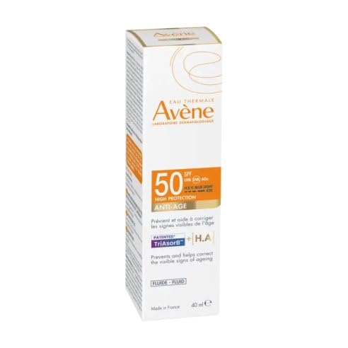 Bottle of Avène SPF50 anti‑aging sunscreen lotion with lightweight finish
