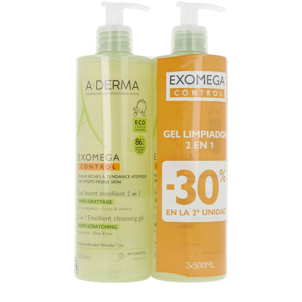 A-derma Two transparent plastic pump bottles with light green and orange labels, printed text, logos, and eco-friendly badge