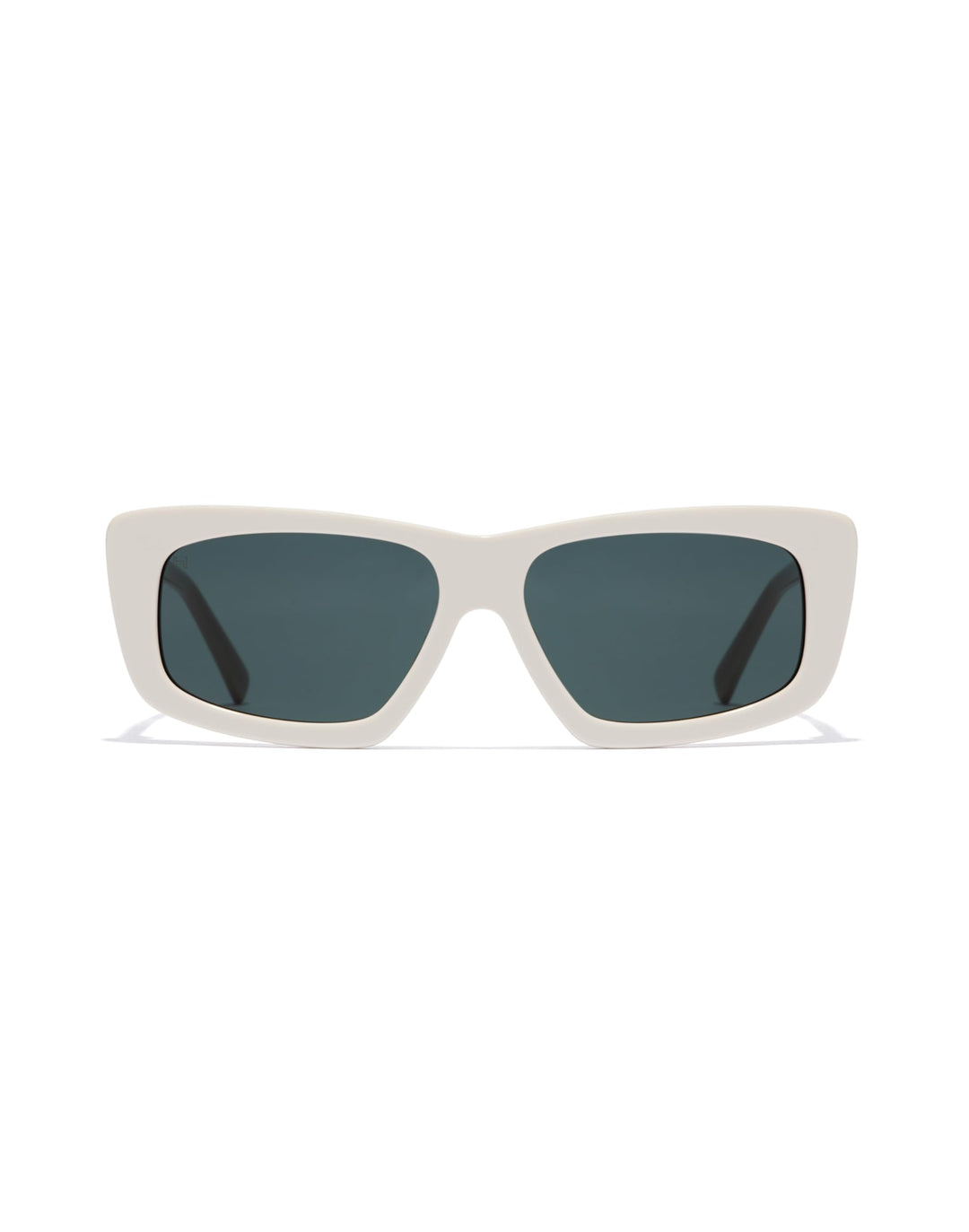 Hawkers White cat-eye sunglasses with thick solid frame, dark rectangular lenses, slim temples, artisan-crafted finish