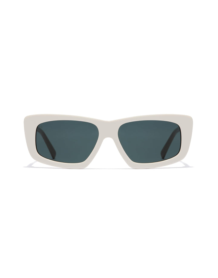 Hawkers White cat-eye sunglasses with thick solid frame, dark rectangular lenses, slim temples, artisan-crafted finish