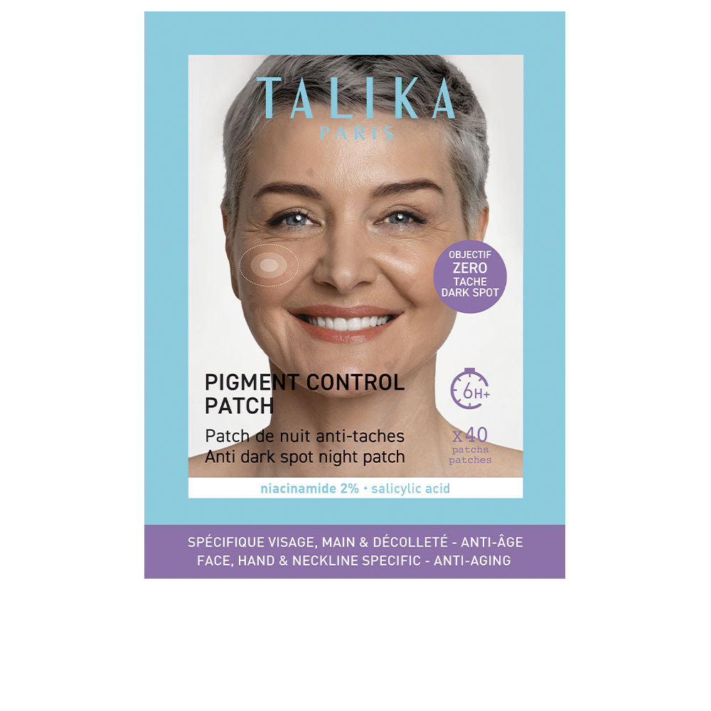 Talika Smiling woman wearing light-blue and purple circular night patches on cheek, close-up showing product text and 6H+ clock icon