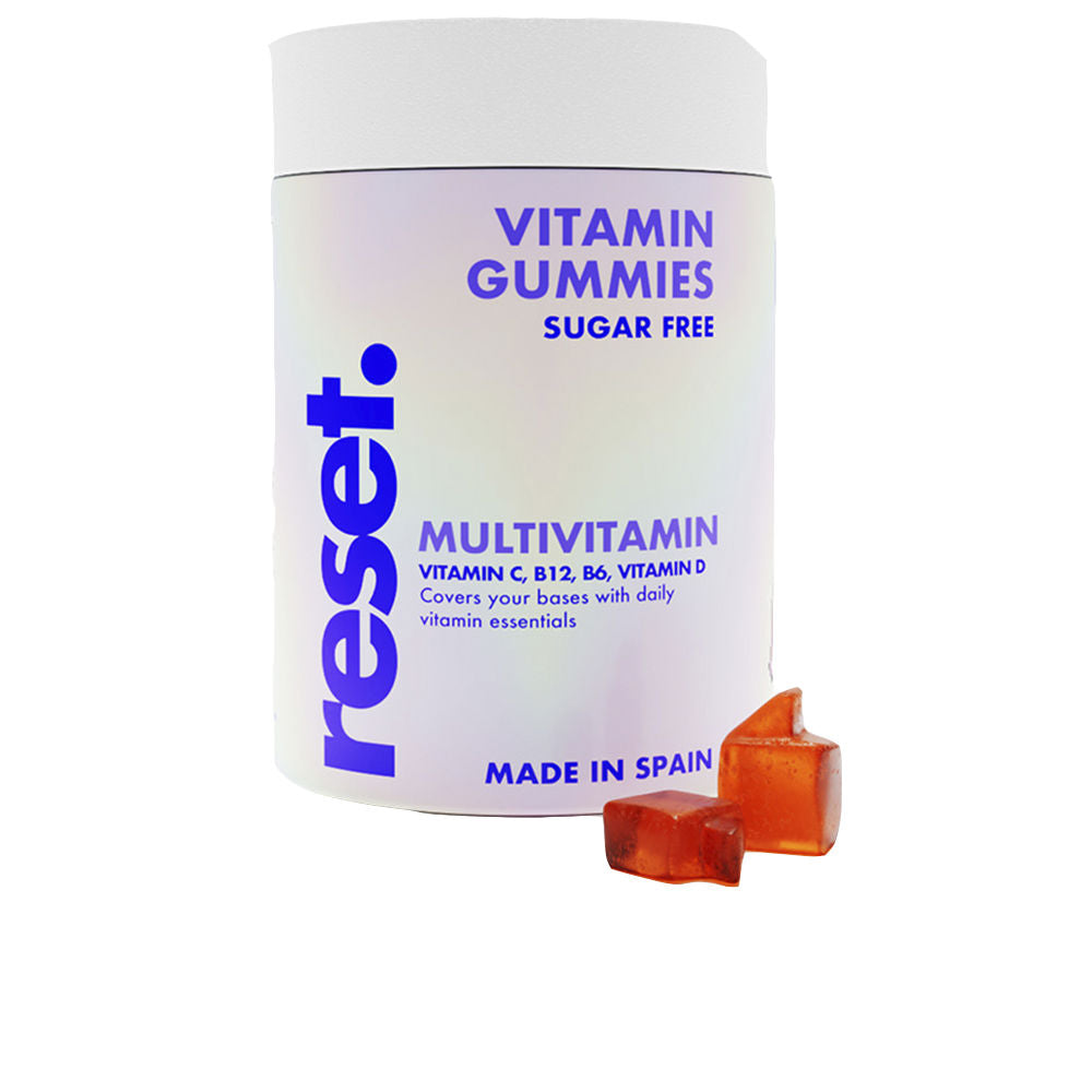 Reset white plastic cylindrical container with blue bold text, modern label showing two gummies