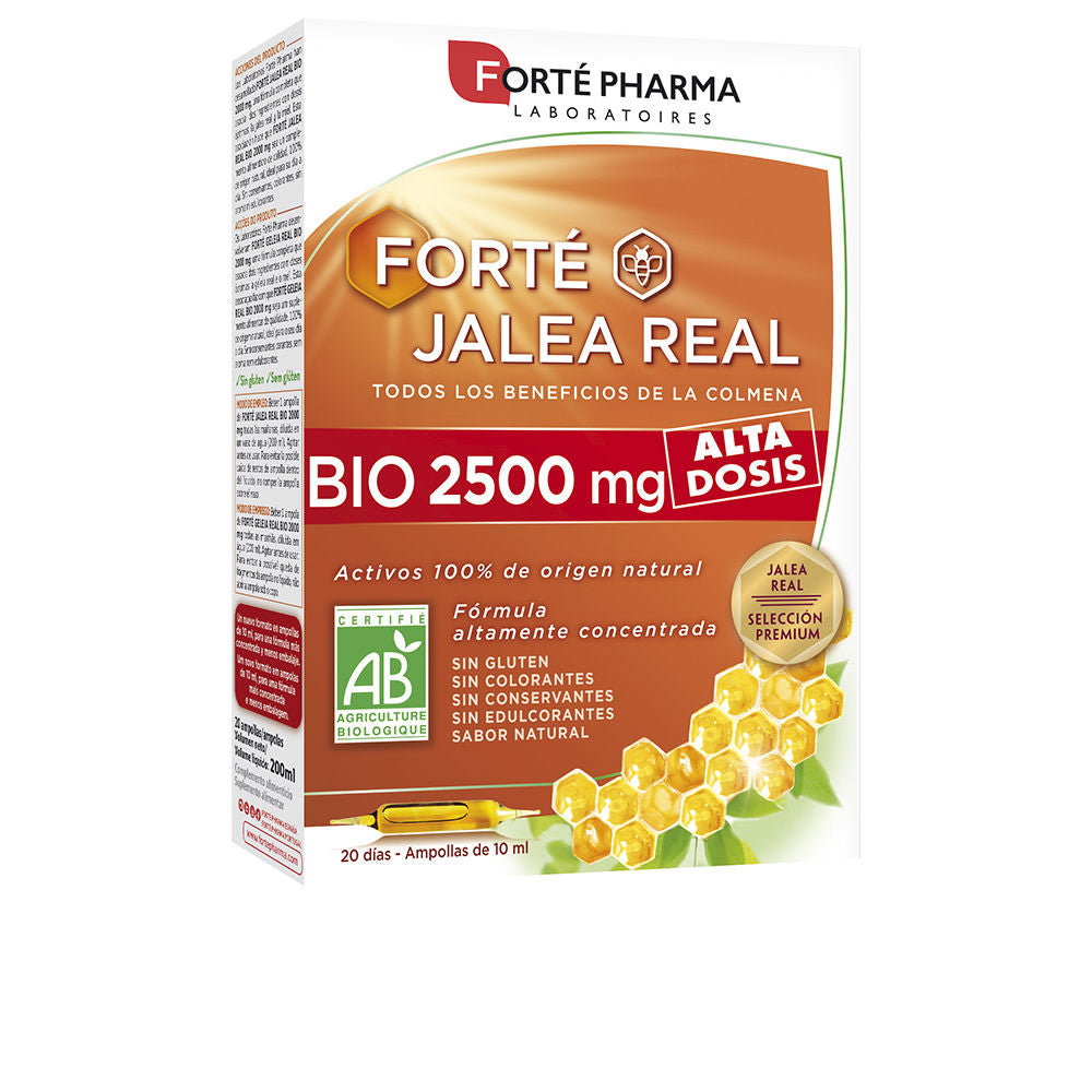 Forté Pharma White box with orange, red, green and yellow accents; hexagonal honeycomb pattern, ampoule illustration, bold 2500 mg dosage text