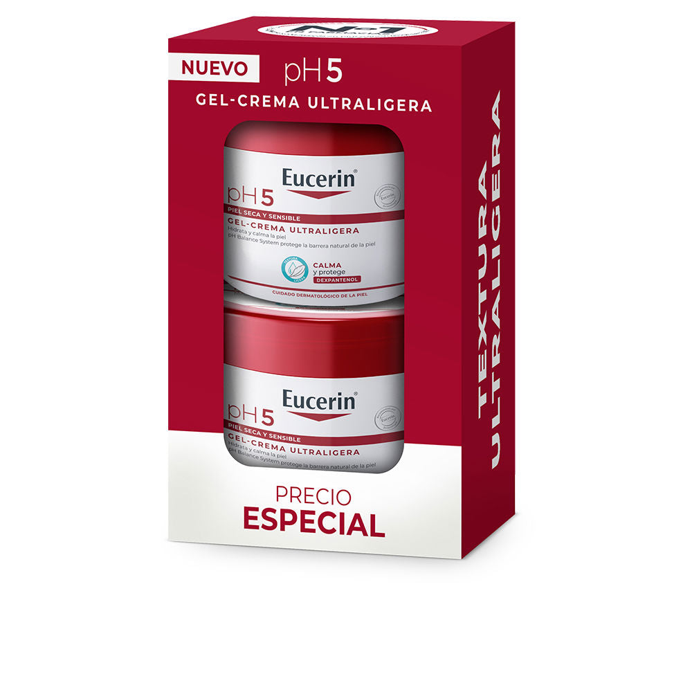 Eucerin Two stacked plastic jars with red lids visible through cutout box window, white labels with bold red and black text