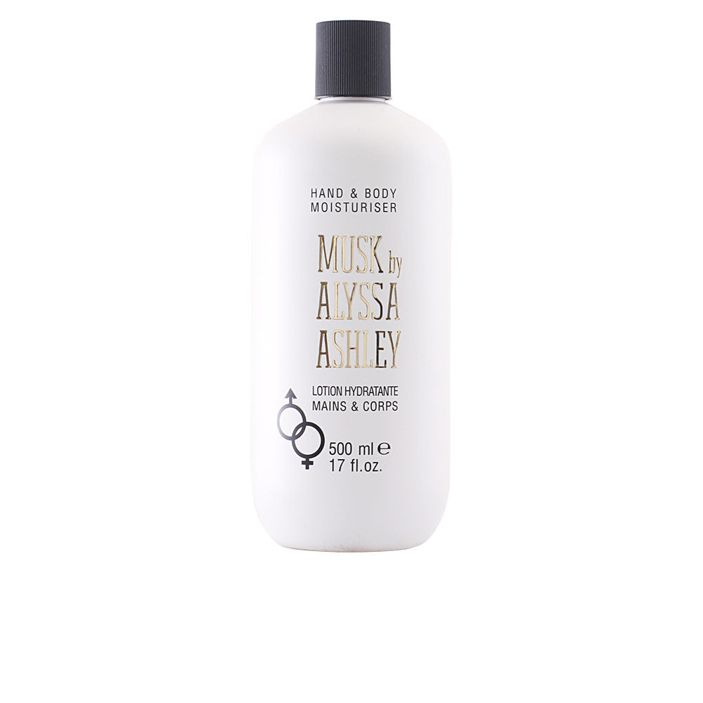 Alyssa Ashley cylindrical white plastic lotion bottle with black screw cap, printed label and gender symbols icon.