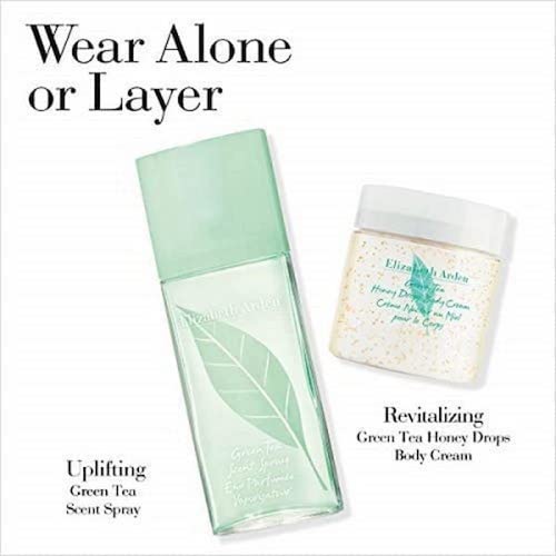 Elizabeth Arden Light yellow shower gel in transparent plastic bottle with pump, green leaf graphic and label