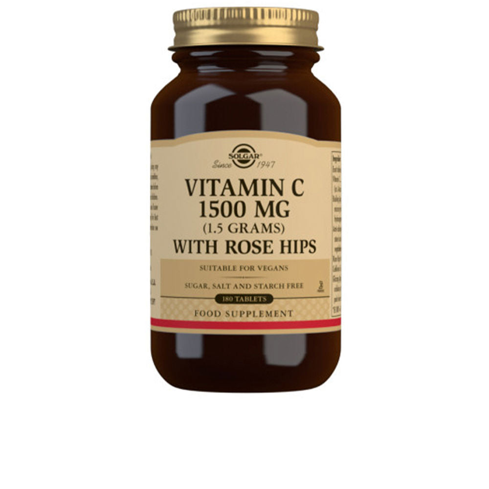 Bottle of Solgar Rose Hips C 1500 mg tablets for immune and collagen support