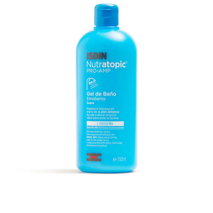 Blue rectangular plastic bath gel bottle with flip-top cap, matte finish, printed text and Isdin logo.