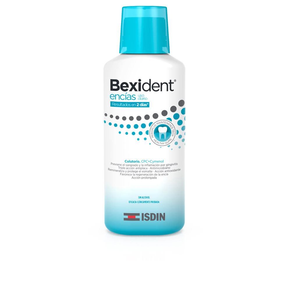 Isdin Plastic mouthwash bottle with screw cap, white-to-blue gradient, dot pattern, modern clean styling