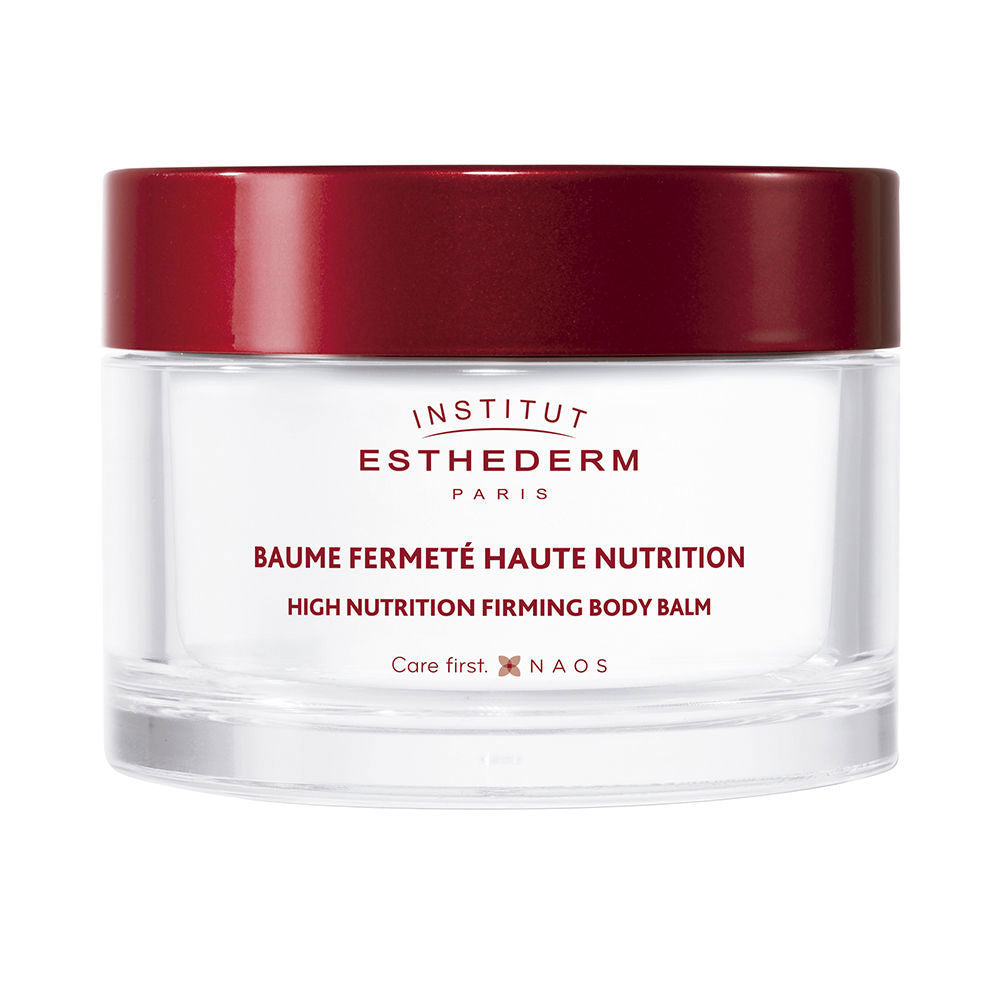 Elegant bottle of Institut Esthederm sculpting body emulsion on neutral background