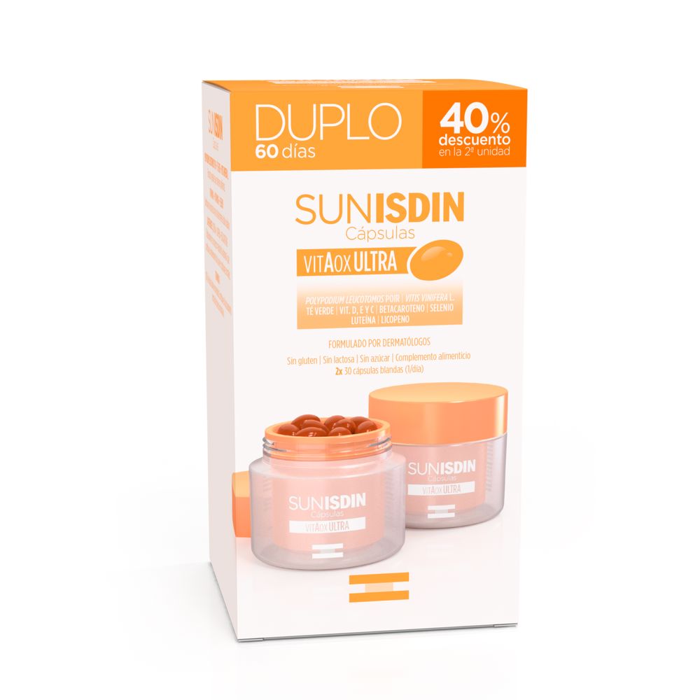 Isdin Two orange‑lidded plastic jars and rectangular box in orange and white, one jar showing capsules, clean minimalistic packaging