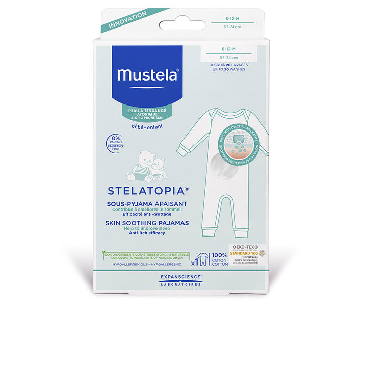 White 100% cotton Mustela pajamas for babies with soothing microencapsulated fabric