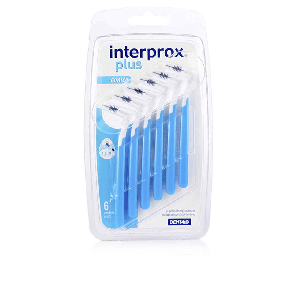 Six blue-and-white mini conical interdental brushes with tapered heads, precise nylon bristles visible, Interprox