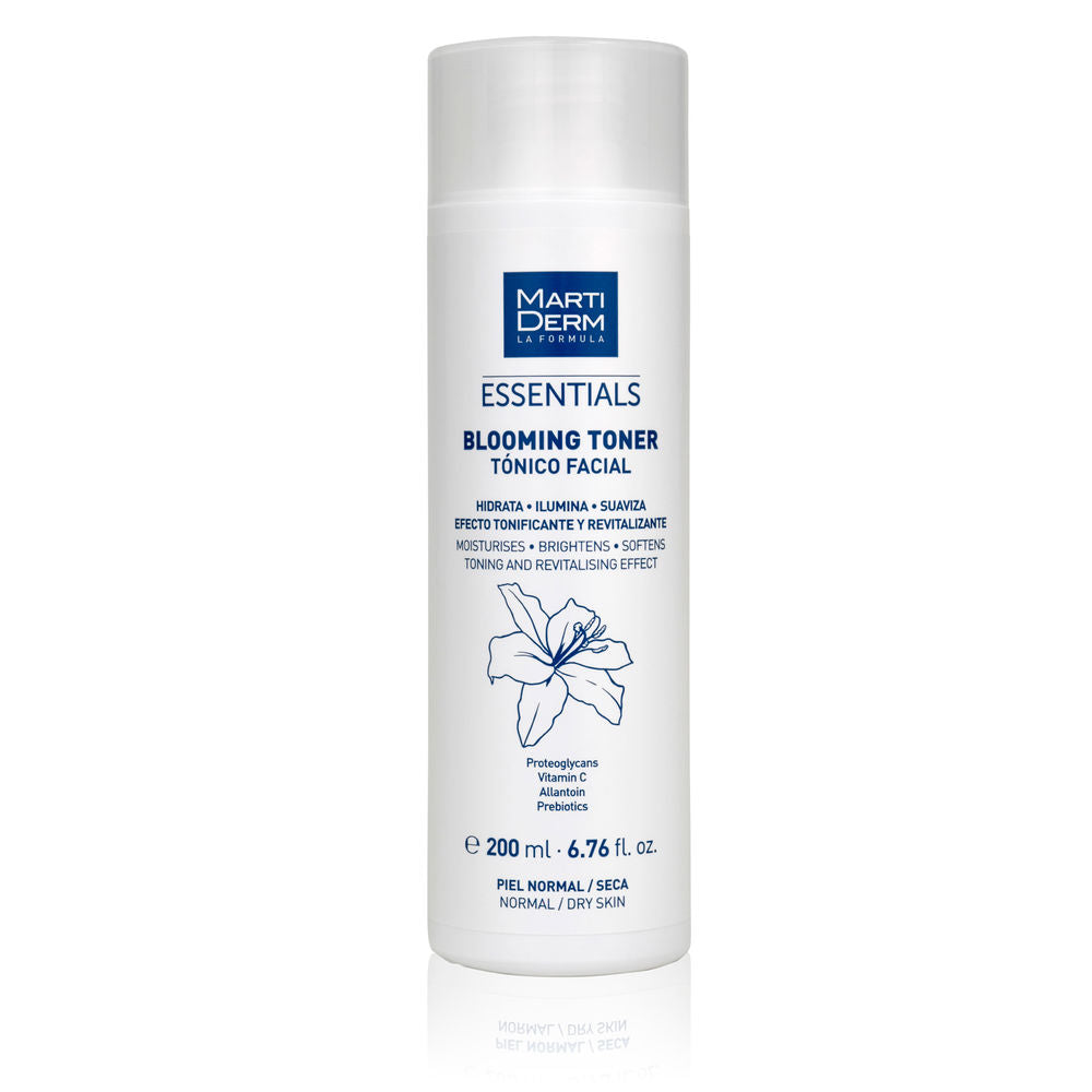 Martiderm White cylindrical plastic toner bottle with blue text, flip-top cap, minimalist floral illustration