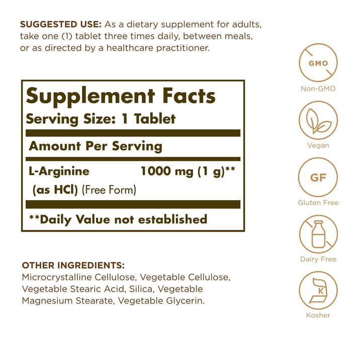 Solgar L‑Arginine 1000 mg tablets bottle — vegan, clean formula
