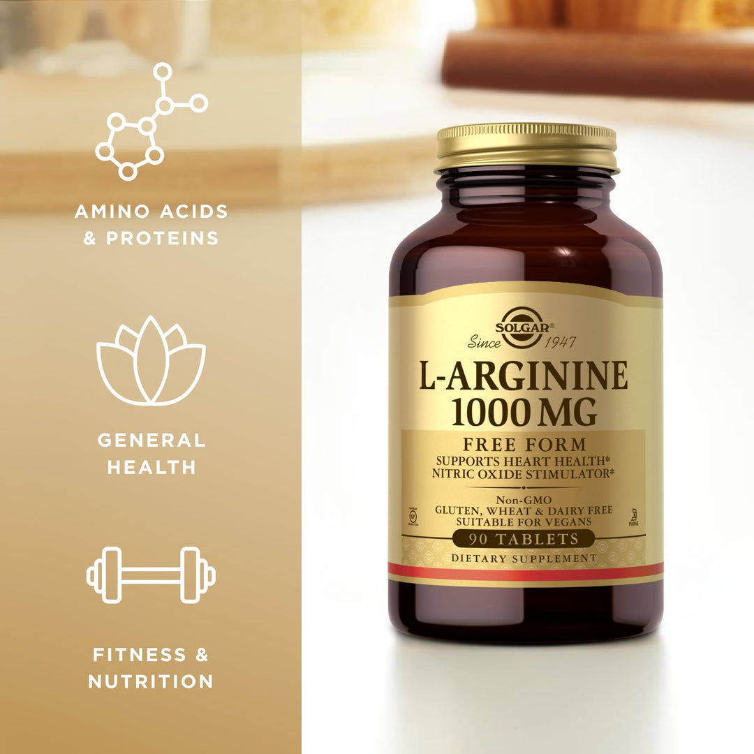 Solgar L‑Arginine 1000 mg tablets bottle — vegan, clean formula