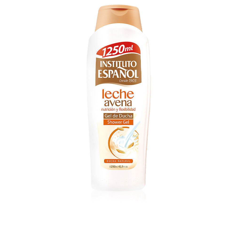 Instituto Español White and beige plastic curved bottle with flip-top cap, label showing milk and oats, 1250 ml